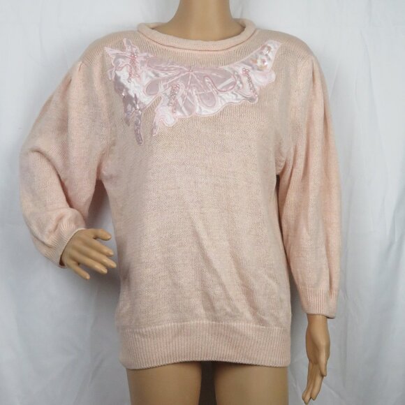 Vintage Sweater Shoulderpads 80s 90s Pastel Pink Floral Pearl Knit Cute Flower - Picture 1 of 7